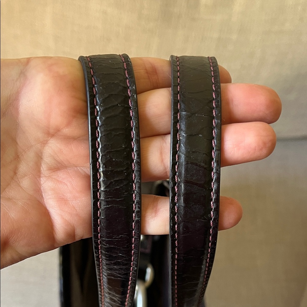 Cole Haan Genevieve Patent Black Woven Shoulder Bag with Plum Stitching - Picture 7 of 12
